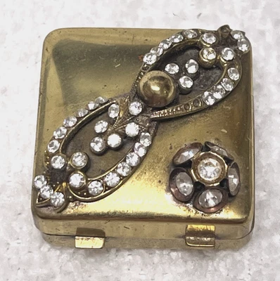 Vintage Rhinestone Pillbox Pill Box w Velvet Inside 1 1/2 Sq - Image 1 of 4