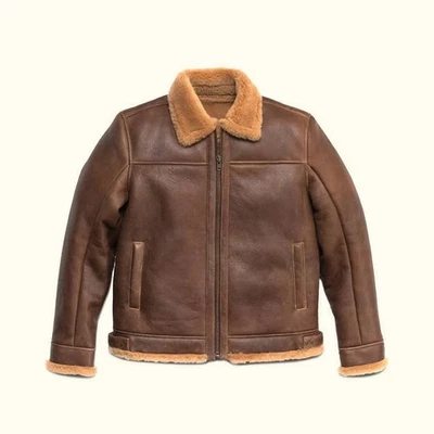 Men's Brown Shearling Sheepskin B-3 Bomber Leather Jacket Winter Coat - Image 1 of 4