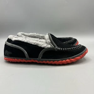 SOREL Dude Moc Slipper Women Size 8 - Black Red Suede Faux Fur - Slip On Comfort - Picture 1 of 9