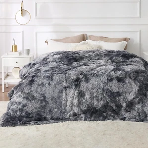 Fluffy Tie Dye Grey King Size Blanket for Bed, Thick Soft Sherpa Faux Fur Fleece - Picture 1 of 12