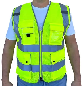 Yellow Mesh High Visibility Safety Vest, ANSI/ ISEA 107-2020 With 5 Pockets - Picture 1 of 2