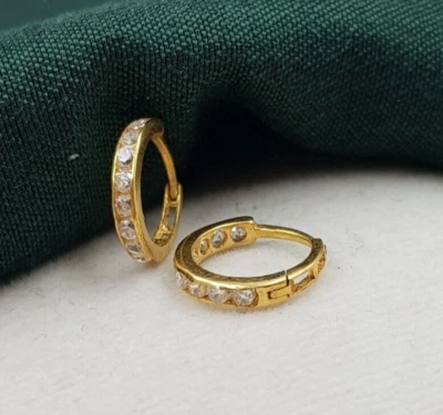 Gold Earrings 18K Yellow Gold Round Huggie Latch Back Earrings CZ Valentine Gift - Image 1 of 4