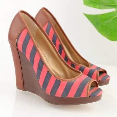 Splendid Women's Beverly Wedge Pump Size 10 Striped Red Brown Navy Peep Toe - Image 1 of 4