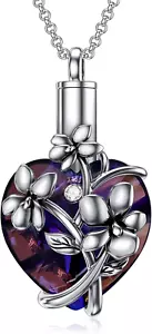 Heart Crystal Cremation Urn Necklace for Ashes Sterling Silver Memorial Jewelry - Picture 1 of 6