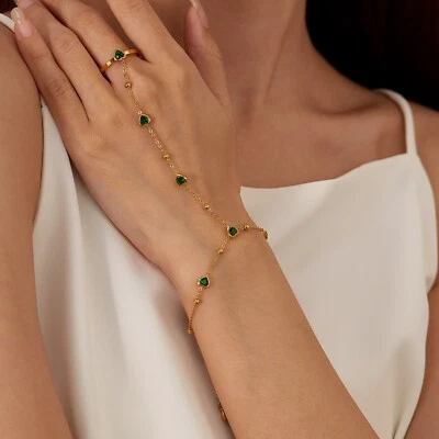 Edelstahl Handkette Handschmuck Armband mit Ring Herz Grün Damen - Bild 1 von 4
