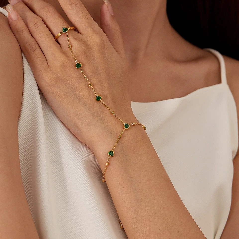 Edelstahl Handkette Handschmuck Armband mit Ring Herz Grün Damen - Bild 1 von 4