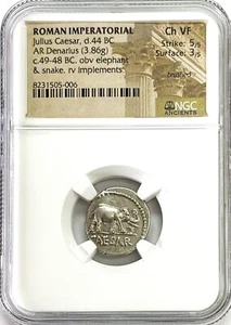 44 BC ROMAN IMPERTORIAL JULIUS CAESAR AR DENARIUS ELEPHANT COIN NGC CHOICE VF - Picture 1 of 2
