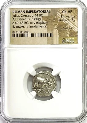 44 BC ROMAN IMPERTORIAL JULIUS CAESAR AR DENARIUS ELEPHANT COIN NGC CHOICE VF - Image 1 of 2