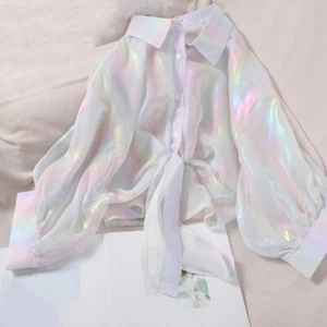Lady Rainbow Shiny Shirts See Through Buttons Down Crop Blouse Jacket Tops Thin - Picture 1 of 16