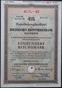 100 Reichsmark 1940 - MANNHEIM / Germany Loan Bond - Series: 17487 - "Y 260" - Picture 1 of 4