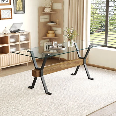 79"x31.5" Rectangular Transparent Glass Dining Table With X-shaped Metal Legs - Image 1 of 4
