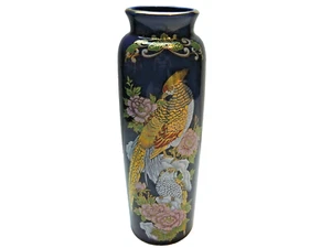 Vintage Porcelain Cobalt Blue Vase - Flowers - Bird 9.75" tall - Picture 1 of 12