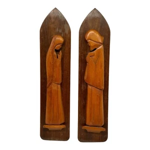 Set of 2 Vintage Modern Wood Hand Carved 3D Wall Plaques Jesus & Virgin Mary 18” - Picture 1 of 7