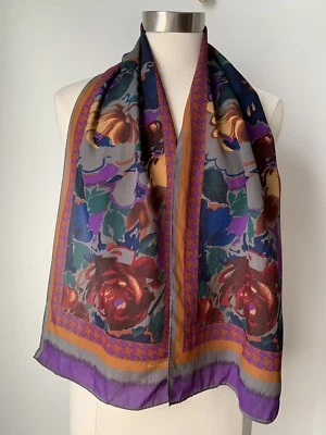 De Colección ALBERT NIPON Bufanda de Seda Naranja Púrpura Floral Multi 10" x 50" Dobladillo Enrollado a Mano Foto 1 de 4