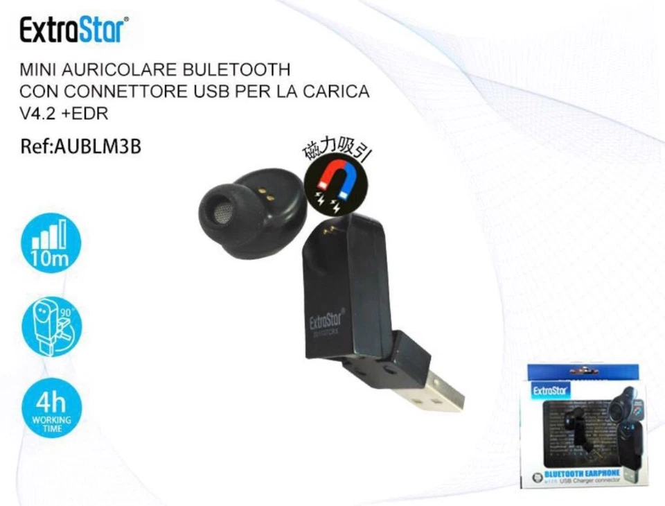 MINI AURICOLARE BLUETOOTH CON CONNETTORE USB PER LA RICARICA V4.2 + EDR NERO - Immagine 1 di 1