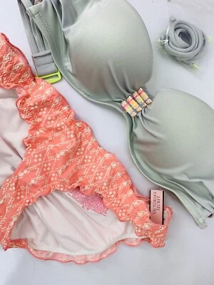 NEW Victoria's Secret Bikini Bandeau Molded Gray Peach Ruffled Cheeky Bottom 32C - Image 1 of 4