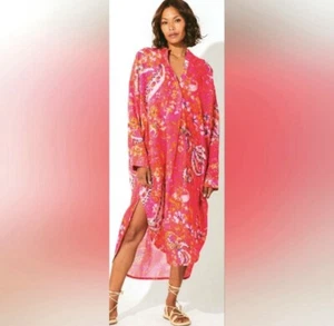 Cleobella Rohita Kaftan Dress Pink Midi Shift Floral Cotton L NEW - NO Belt - Picture 1 of 9