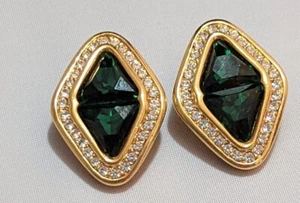 Vintage Swarovski SAL Emerald Green and Clear Rhinestones Clip On Earrings - Picture 1 of 8