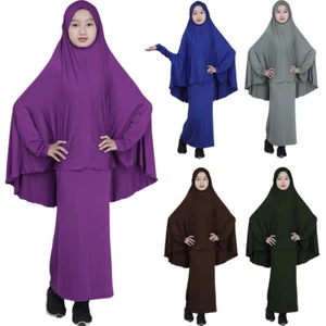 Traditional Muslim Kids Girls Hijab Prayer Dress Set Ramadan Kaftan Abaya Burqa - Picture 1 of 28