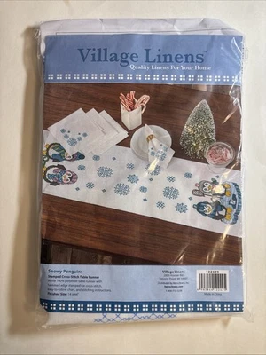 Village Linens Table Runner Cross-Stitch Kit   Snowy Penguins  14” X 44” New - Image 1 of 4