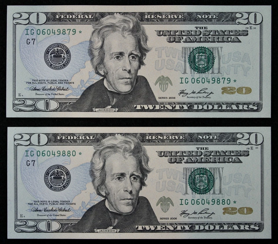 ENGRAVING ERROR $20 2006 Gem CU Star Federal Reserve Notes IG06049879*-80* - Image 1 of 4