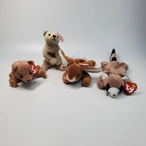 Lot of 4 90's Ty Beanie Baby Almond the Bear Ringo Racoon Ears Bunny Pecan Bear - Picture 1 of 22