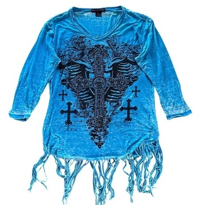 Camisa Vaquera Rock Roll Para Mujer Talla XL Azul Turquesa Desteñido Flecos Manga 3/4 Foto 1 de 4