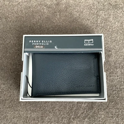 Perry Ellis Portfolio Men's Faux Leather Bifold Wallet Navy Blue Pebbled - Image 1 of 4