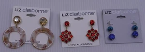 VINTAGE LOT OF 3 PAIRS OF LIZ CLAIBORNE PIERCED DANGLE EARRINGS, NEW ON CARDS - Picture 1 of 5
