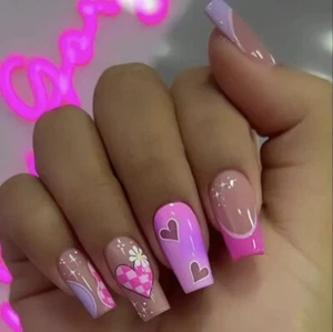 Pink & Purple French Tip Press On Nails - Checkered Heart & Floral Design - Picture 1 of 4