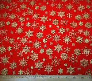 Christmas Fabric By The Half-Yard Metallic Gold Snowflakes on Red Cotton #28 - Picture 1 of 2