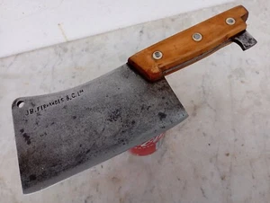 Antico strumento carne coltello acciaio al carbonio forte mannaia molto affilata firmato in rilievo - Foto 1 di 24
