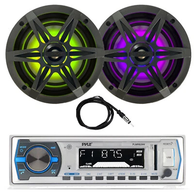 Pyle Single DIN Marine Bluetooth Receiver, 2x 6.5" 120W Speakers, Radio Antenna - Image 1 of 4