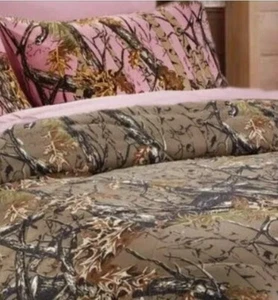 4pc Twin Woods Brown CAMO COMFORTER / Pink SHEET SET - Picture 1 of 2