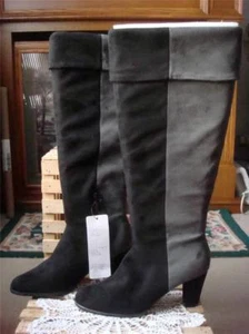 NEU MIT ETIKETT ~ DRESSBARN STRETCH VIELSEITIG SCHWARZ GRAU KNIEHOCH MICRO WILDLEDER STIEFEL ABSATZ ~ 6M - Bild 1 von 9