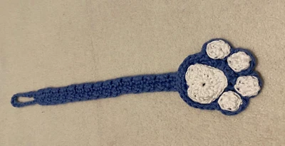 Handmade Crochet Baby Pacifier Strap Clip Holder Puppy Paw Foot Blue & White - Image 1 of 4
