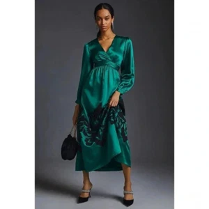 New Anthropologie Nikasha Embroidered Satin Dress Long Sleeve Green Size XS - Picture 1 of 16