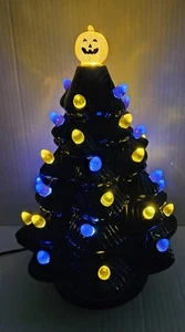 Mr. Halloween 12" Black Ceramic Tree Pumpkin  Topper w/Purple & Orange Bulbs  - Picture 1 of 10