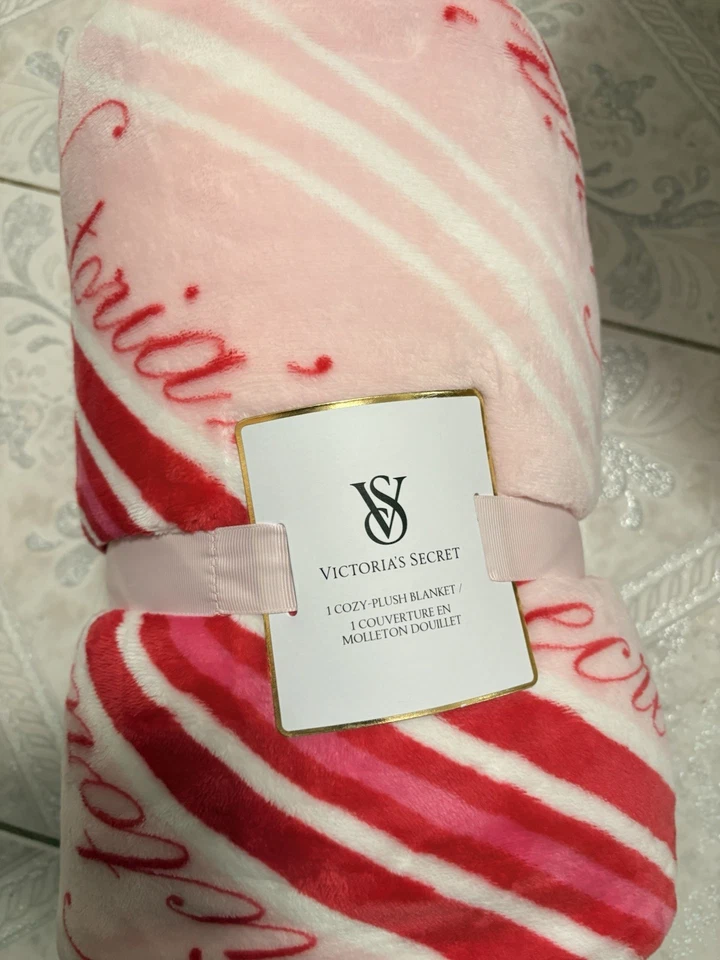 Victoria's Secret Cozy Plush Pink & White Heart Striped Blanket New - Image 1 of 3