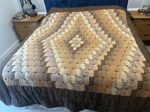 Vintage Handmade Quilt Comforter Patchwork Cotton Brown Large 90x96” - Picture 1 of 9