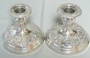 S KIRK & SON Sterling Silver REPOUSSE Floral Pair CANDLE HOLDERS Candlesticks, 2 - Picture 1 of 7