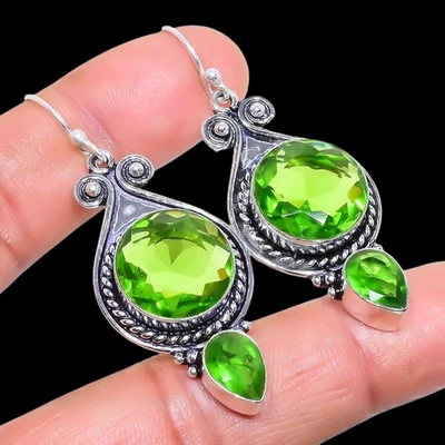 Gift for My Love Peridot Gemstone 925 Sterling Silver Earring 2.1" G666 - Image 1 of 4