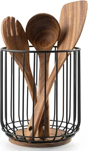 Kitchen Utensil Holder Large Wire Utensil Holder W6.2” X H7.5” Acacia Base - Picture 1 of 7