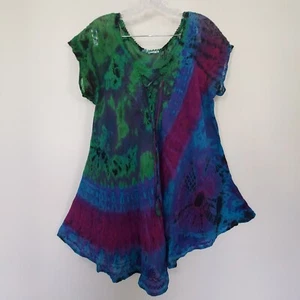 Top tunica asimmetrico Lapogee verde medio blu tie dye hippie boho ricamato - Foto 1 di 9