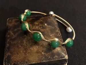 Vintage Style Natural Jade And Pearls 18K Gold Plated Handmade bracelet - Picture 1 of 2