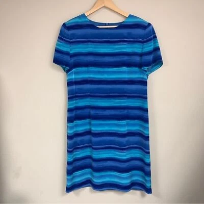 Vintage Blue Ocean Stripes Dress Women’s 14 Short Sleeve Resortwear John Roberts - Image 1 of 4