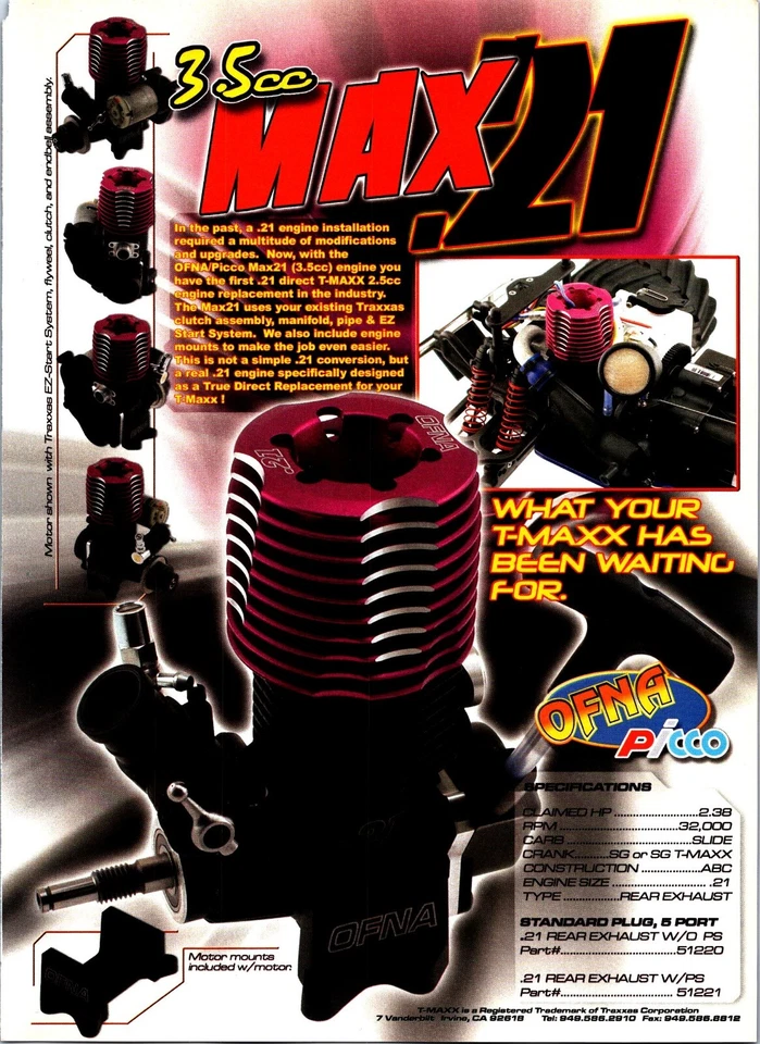 Traxxas OFNA Max .21 RC Engine Print Ad Ephemera Wall Art Decor - Image 1 of 1