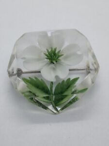 Lucite Encased White Flower Brooch Clear Floral Pin