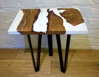 Square White Epoxy Resin Office Meeting Coffee Table Acacia Wooden Furniture Dec - Image 1 of 4