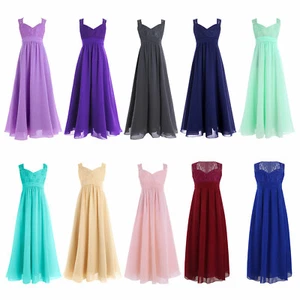 US Girls Kids Floral Lace Chiffon Bridesmaid Dress Wedding Prom Long Maxi Gown - Picture 1 of 58